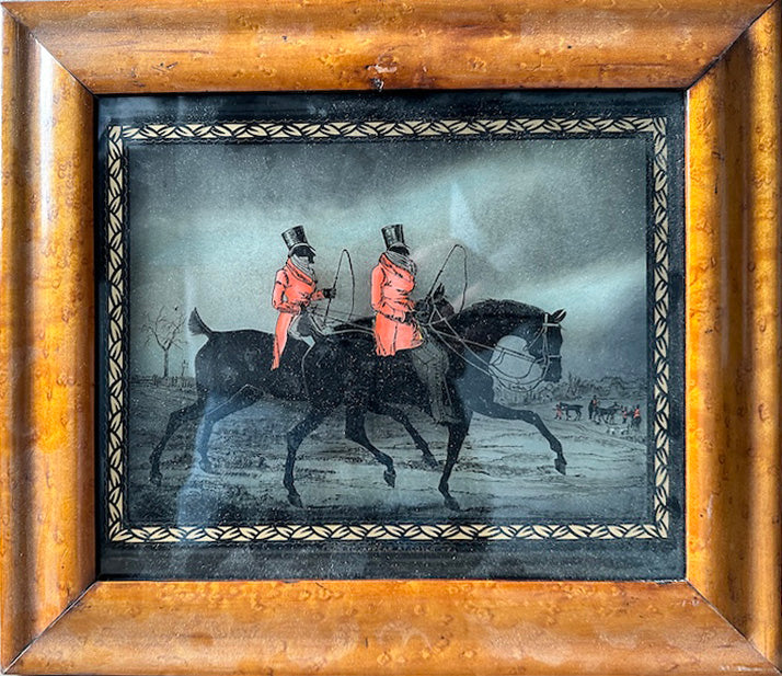 19th Century English Reverse Painting on Glass: Hunting Scene "How to Appear at Cover"