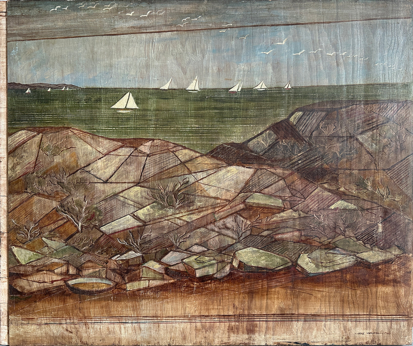 Gene Charlton oil Painting: Rocky Landscape by the Water with Sailboats