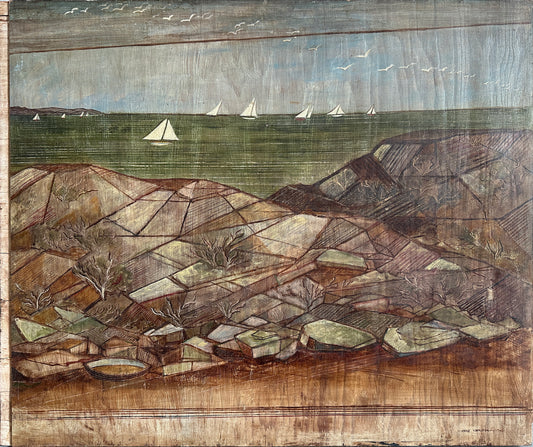 Gene Charlton oil Painting: Rocky Landscape by the Water with Sailboats