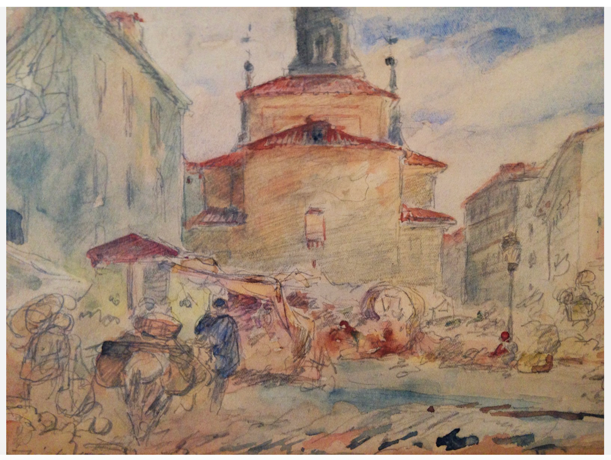 "Market Place, Spain" watercolor by Walter Shirlaw