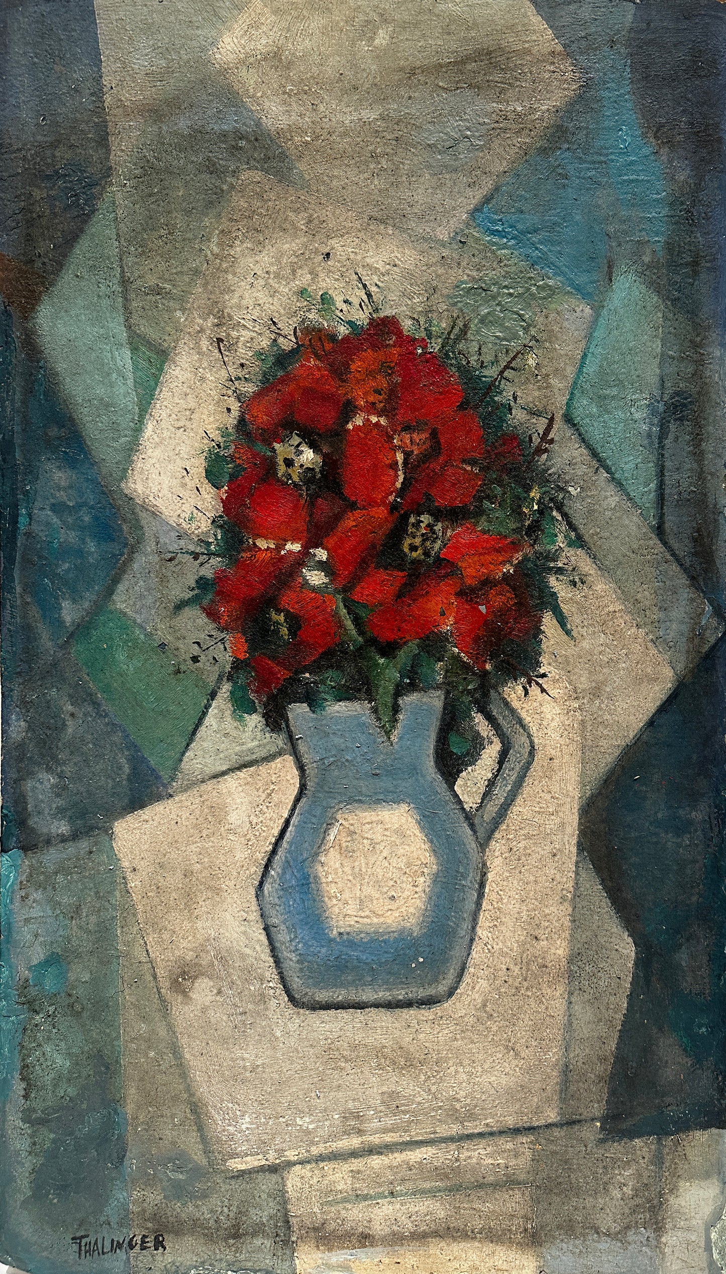 Oscar Thalinger Oil Painting: Still Life - red flowers in vase