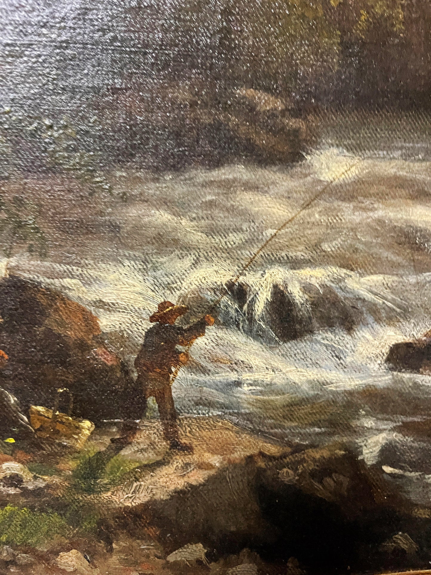 Hudson River School Oil Painting: Men fishing on a river