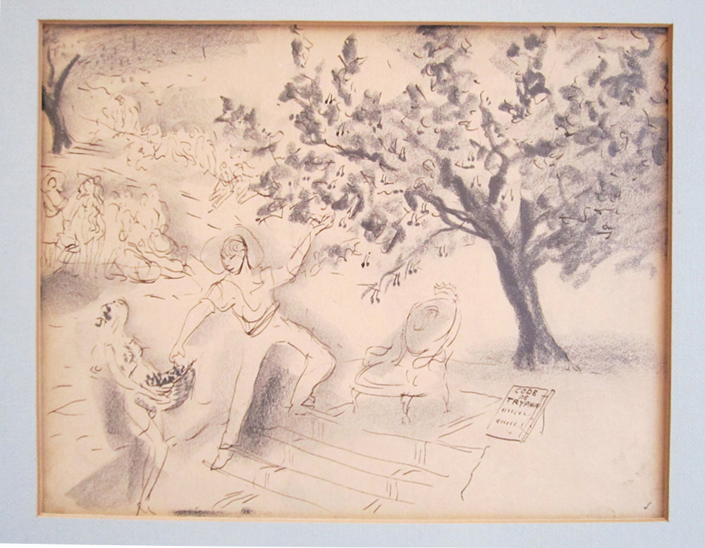 Marcel Vertes Drawing: A man picking a cerisier cherry