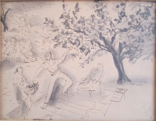 Marcel Vertes Drawing: A man picking a cerisier cherry
