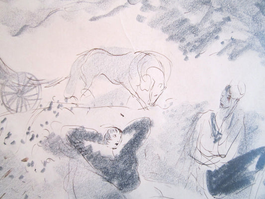 Marcel Vertes Drawing: Two figures and horse with carriage