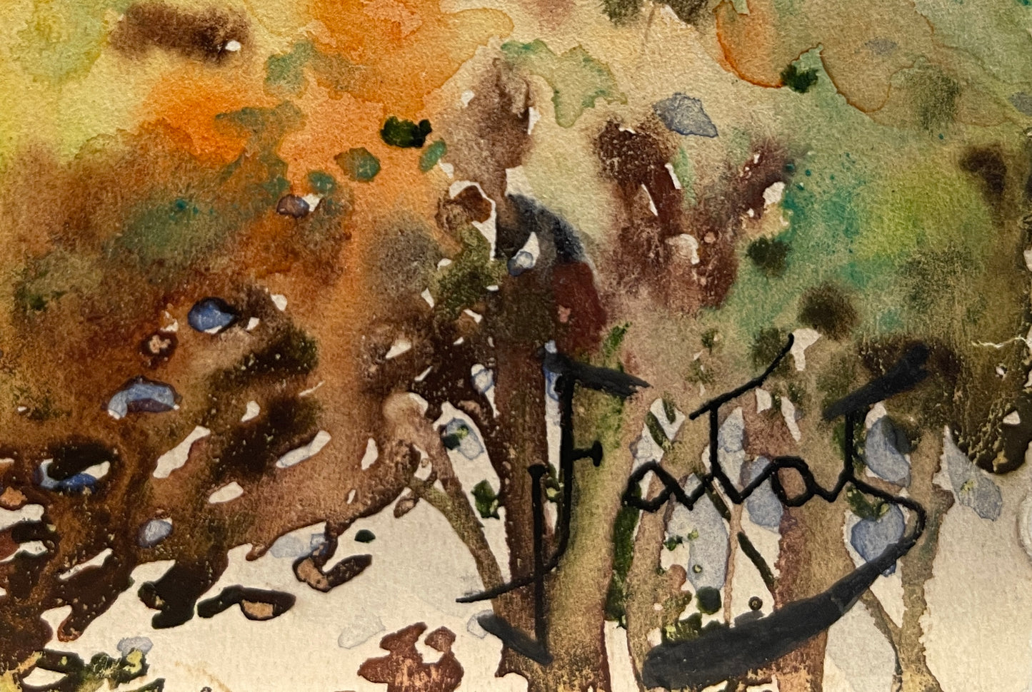 Julian Falat Signed Watercolor: "Autumn Trees and Mountainous background"