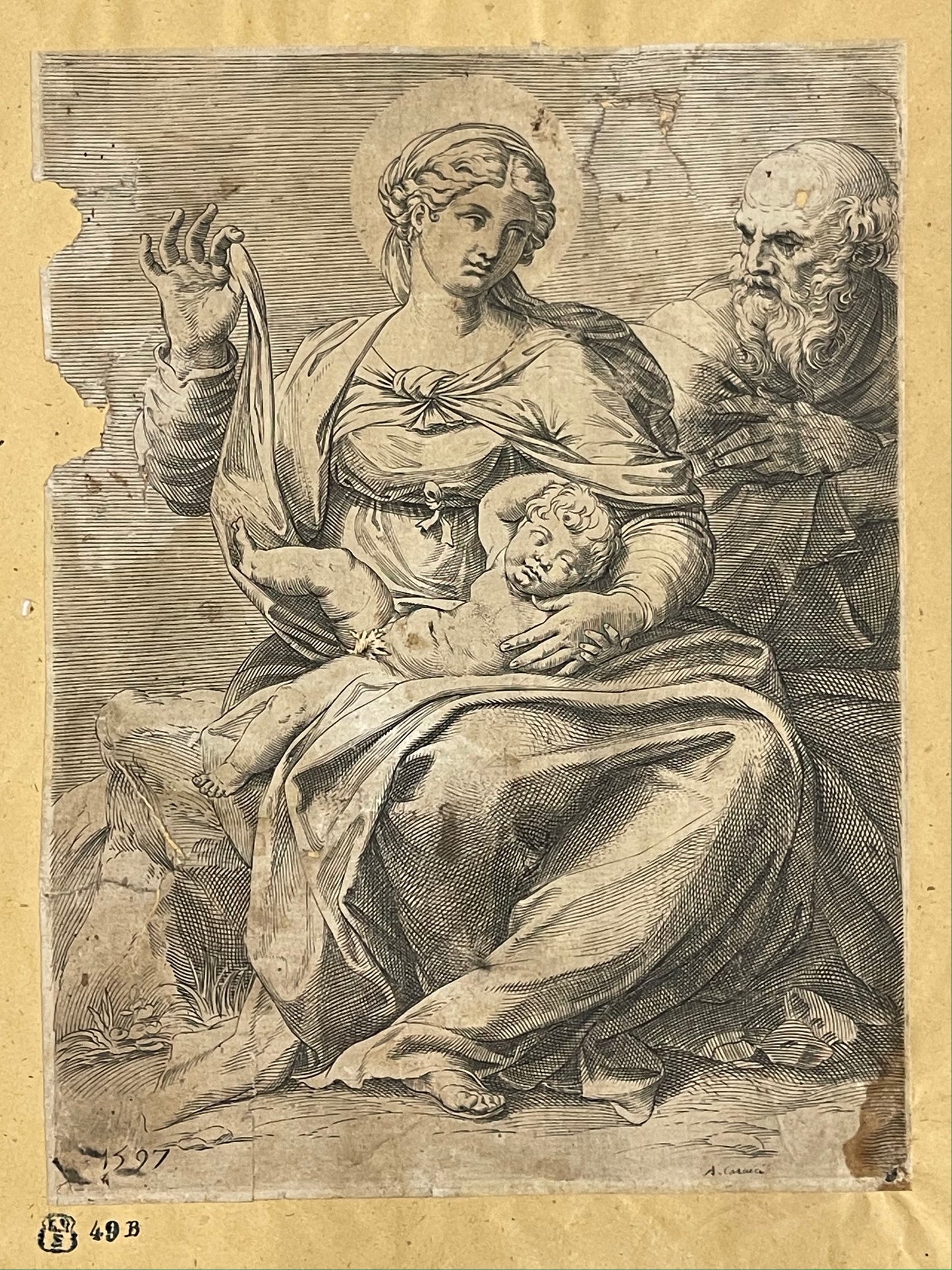 Annibale Carracci Engraving: Saint Mary and Saint Joseph with the Christ