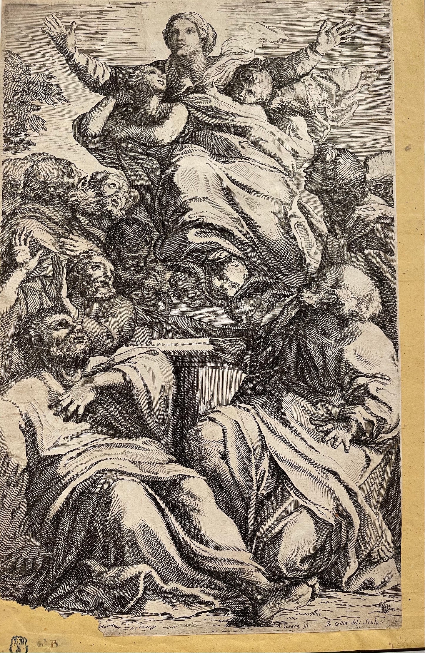 Annibale Carracci Engraving: "Mary and Child" (Verso: Biblical scene)