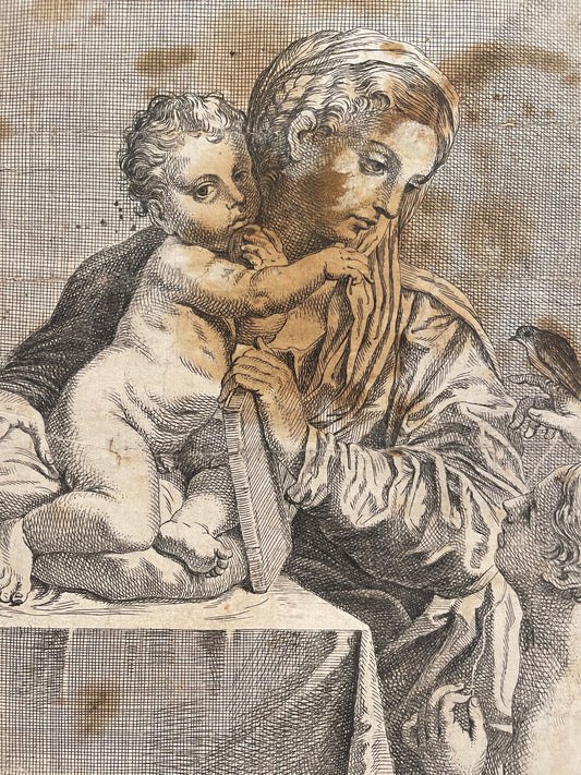 Annibale Carracci Engraving: "Mary and Child" (Verso: Biblical scene)