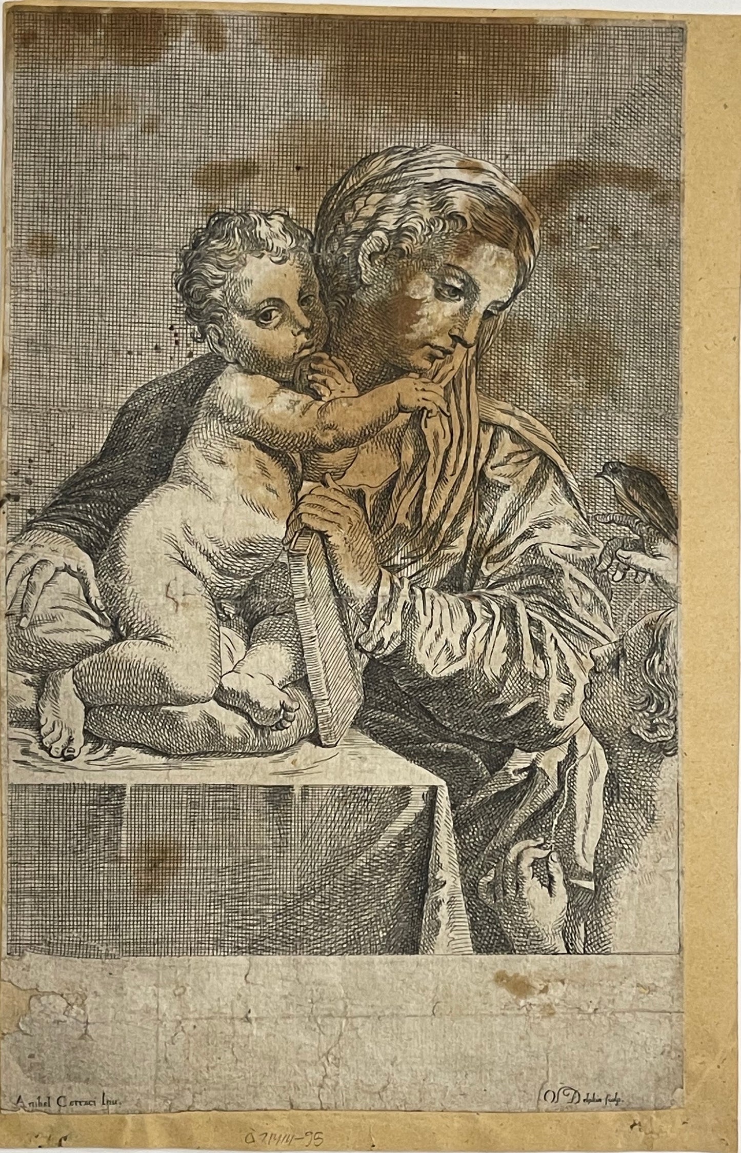 Annibale Carracci Engraving: "Mary and Child" (Verso: Biblical scene)