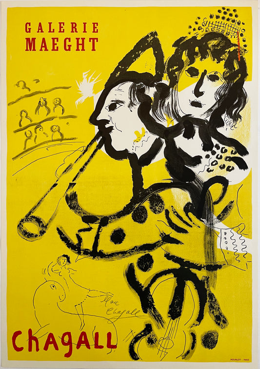 Marc Chagall Signed Poster: "The Clown Musician" Gallerie Maeght Circus Theme, 1957