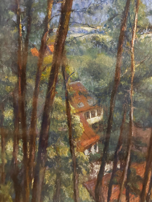 Friedrich Ferdinand Koch Pastel Drawing: Houses behind tall trees