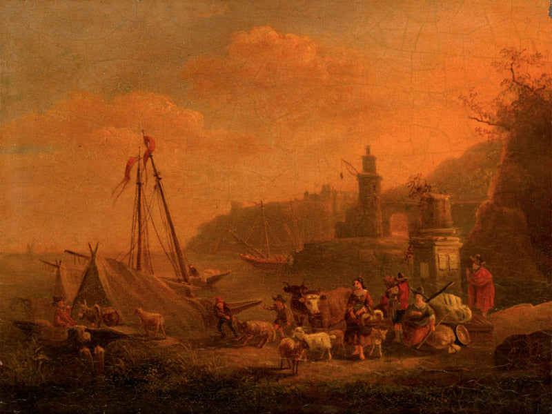 A Mediterranean Harbour Scene with a Man Moving his Cattle on a Boat